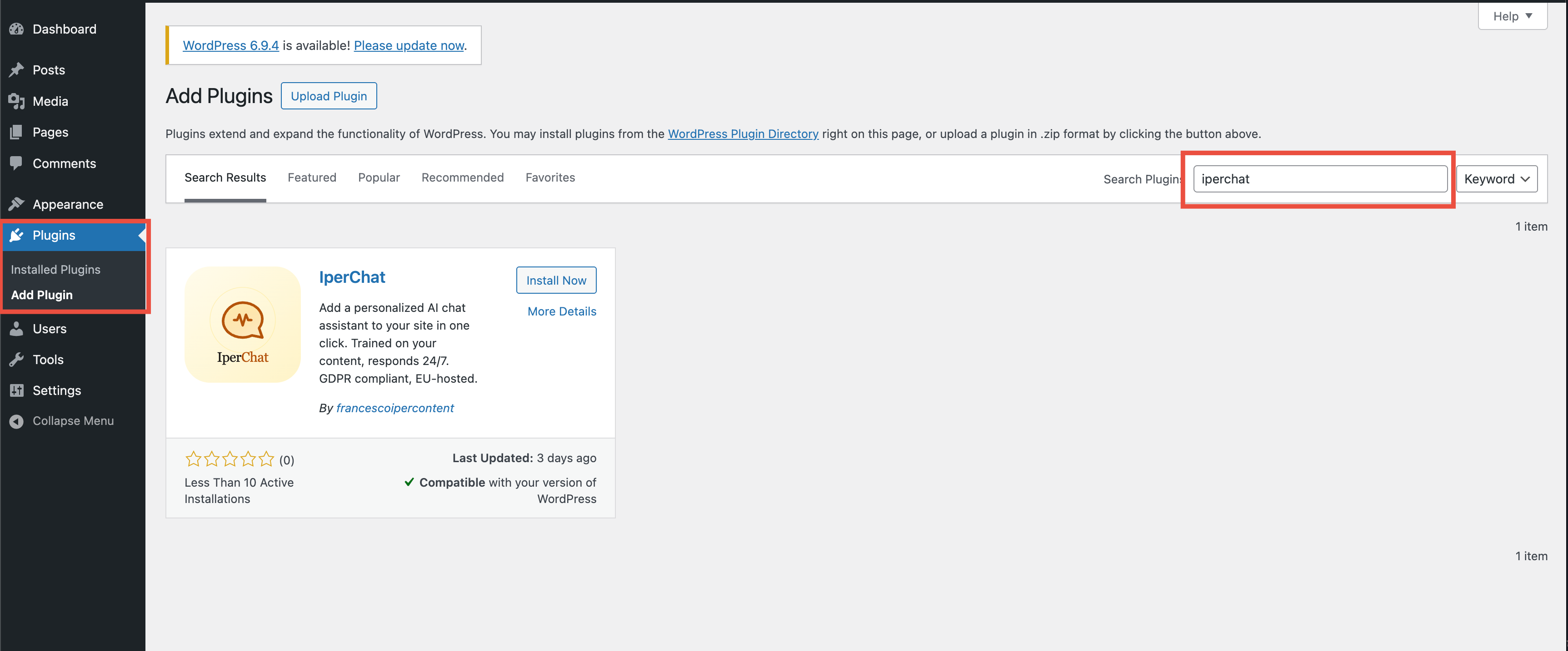 Search for the IperChat plugin on the Plugins → Add new page