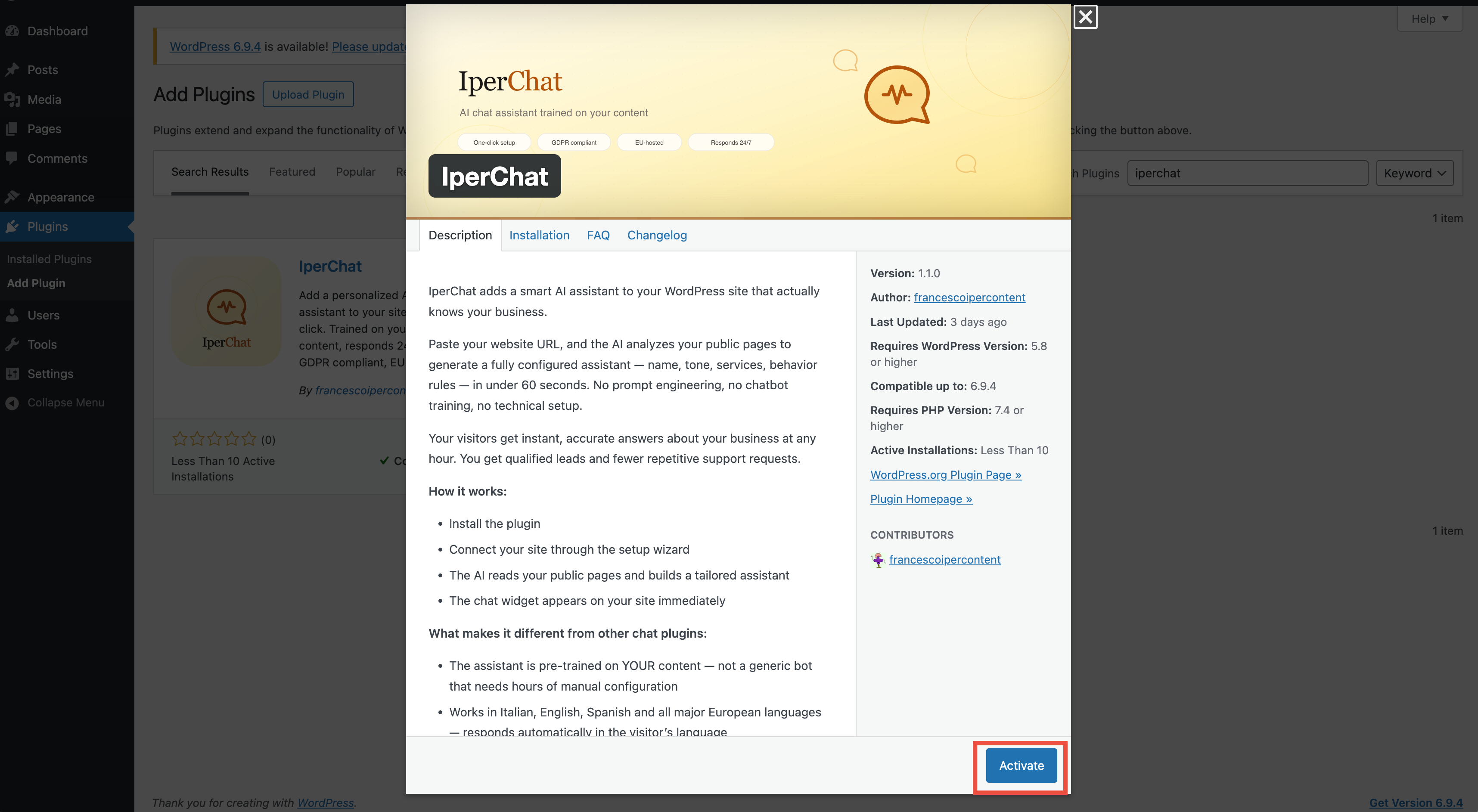 IperChat plugin "Activate" button after installation