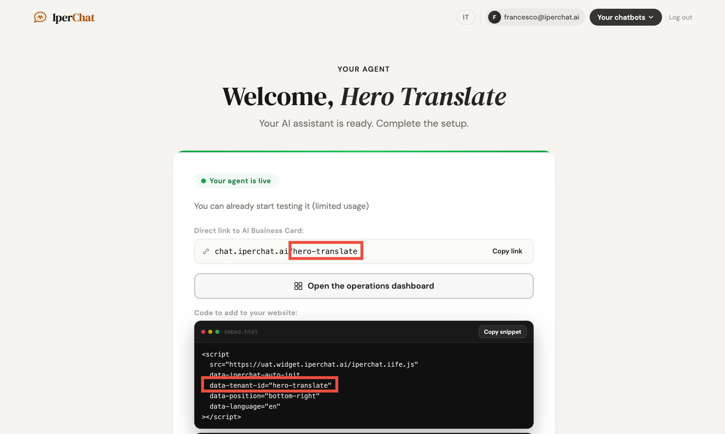 Final onboarding screen with the widget snippet and Tenant ID inside data-tenant-id
