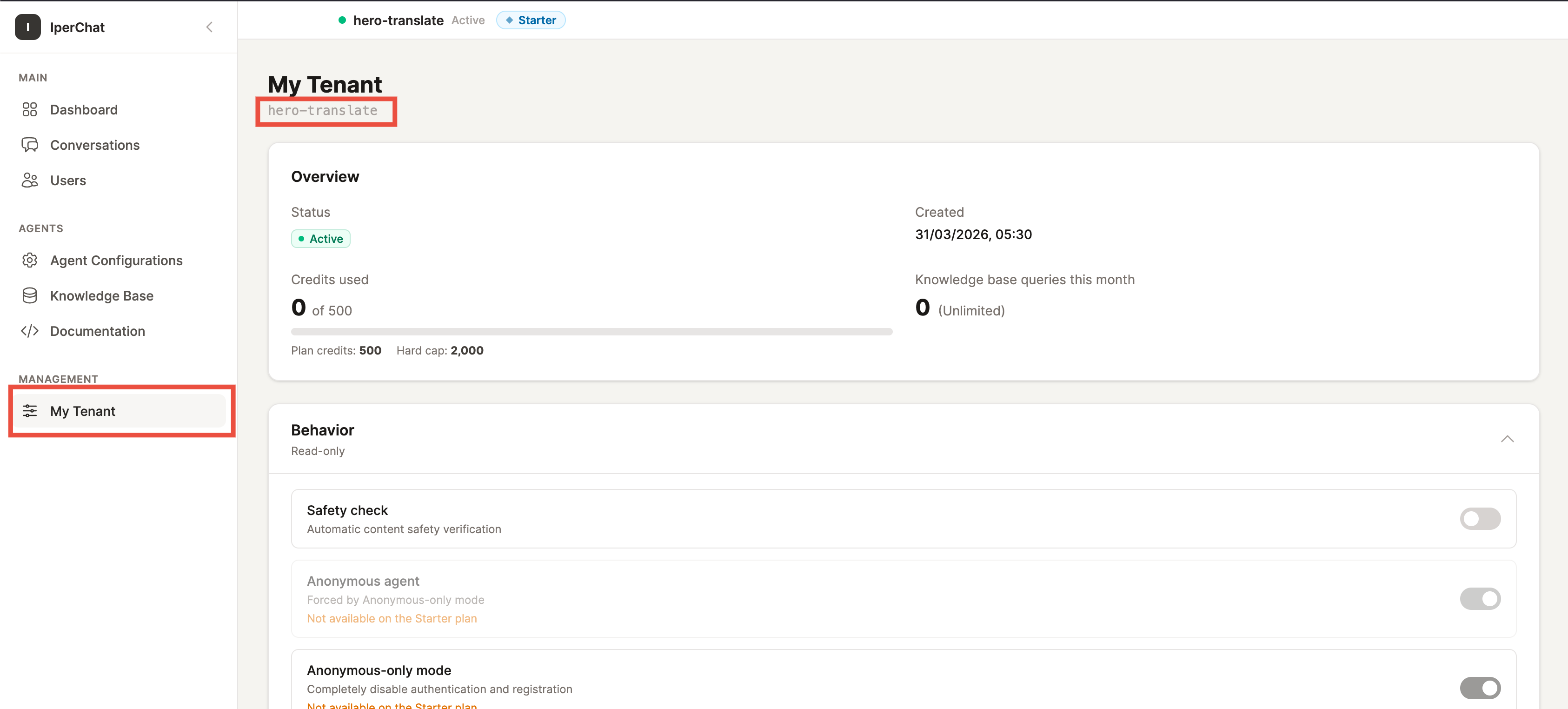 Ops panel → My Tenant, with the Tenant ID highlighted