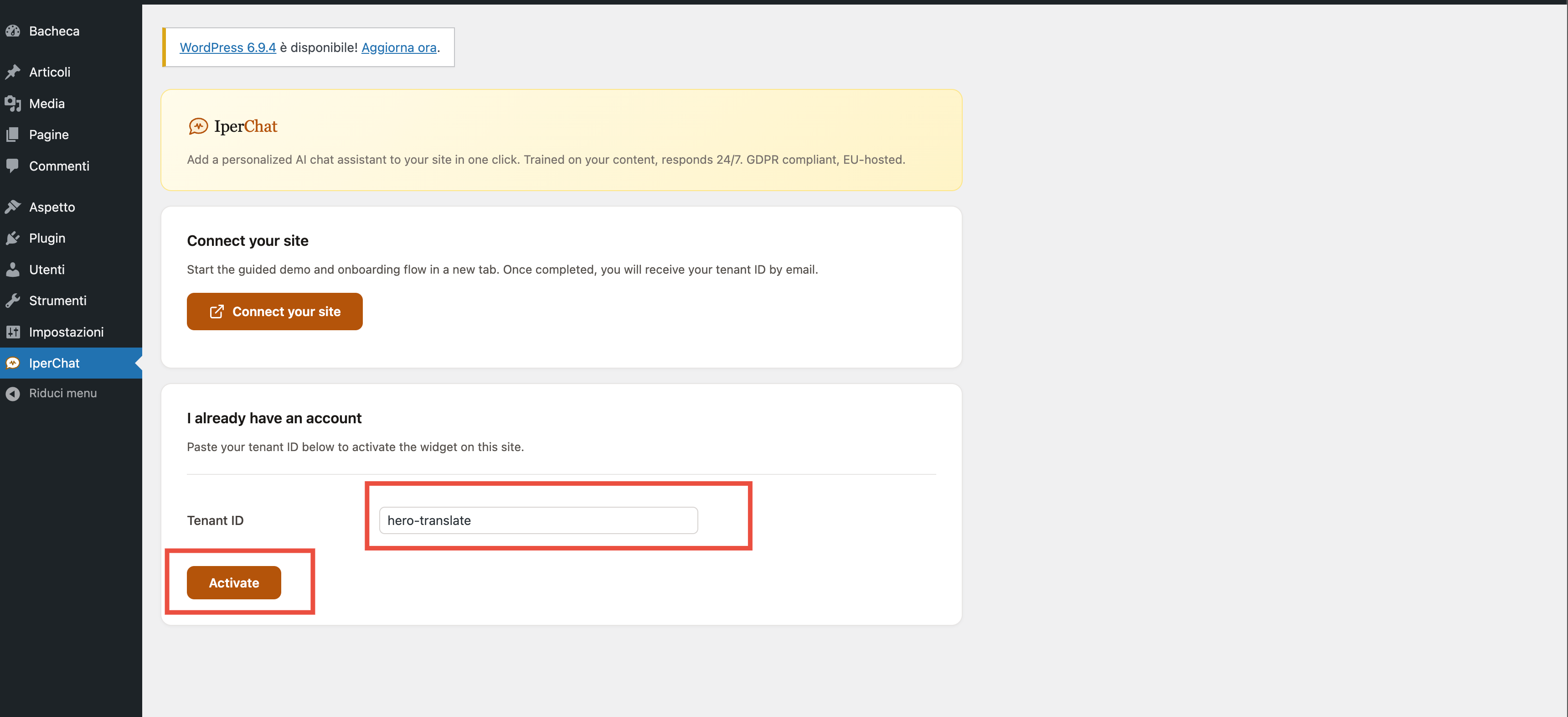 WordPress plugin Settings → IperChat page with the Tenant ID field filled in