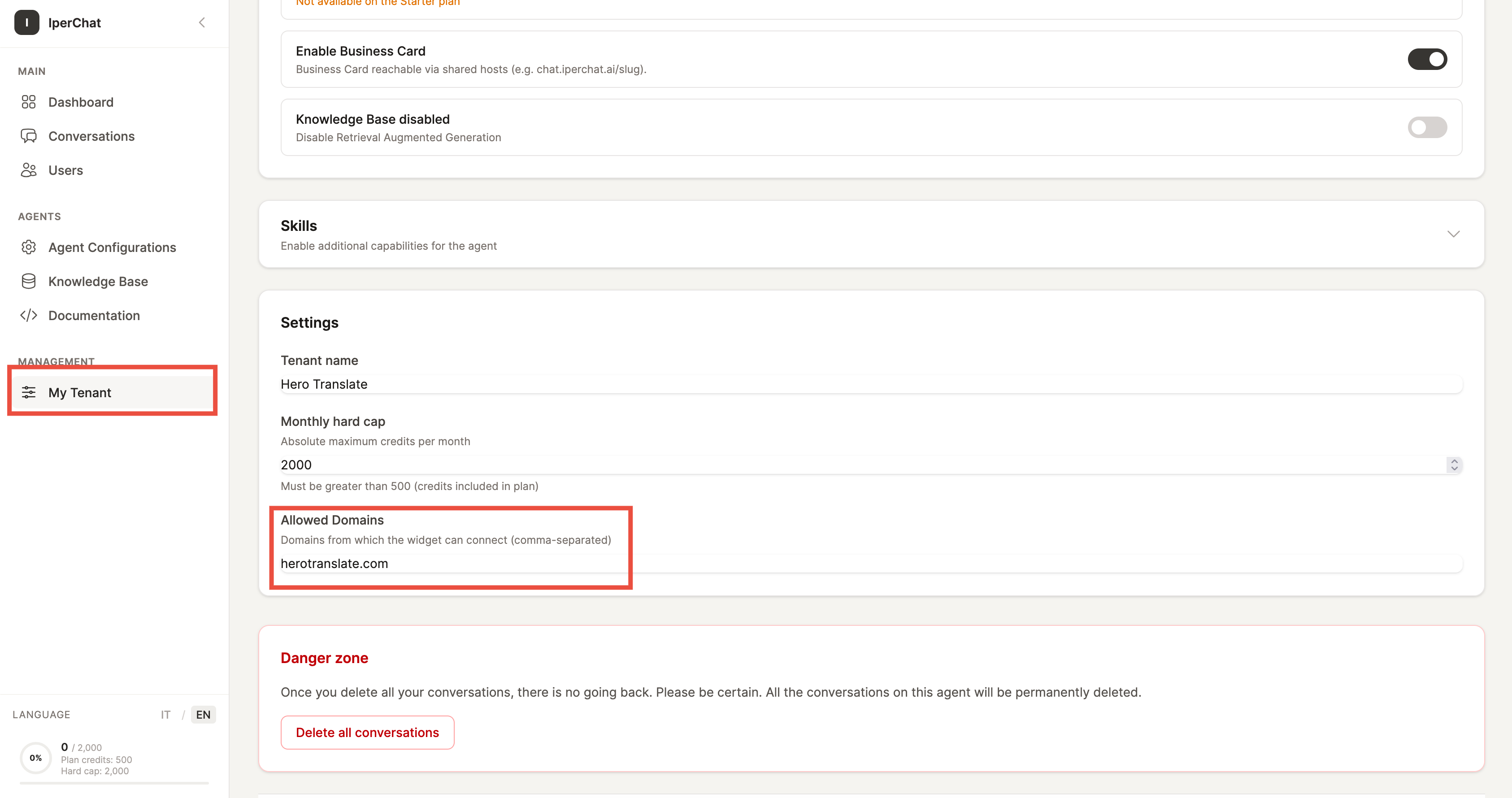 IperChat ops panel: Allowed domains field with the WordPress domain added