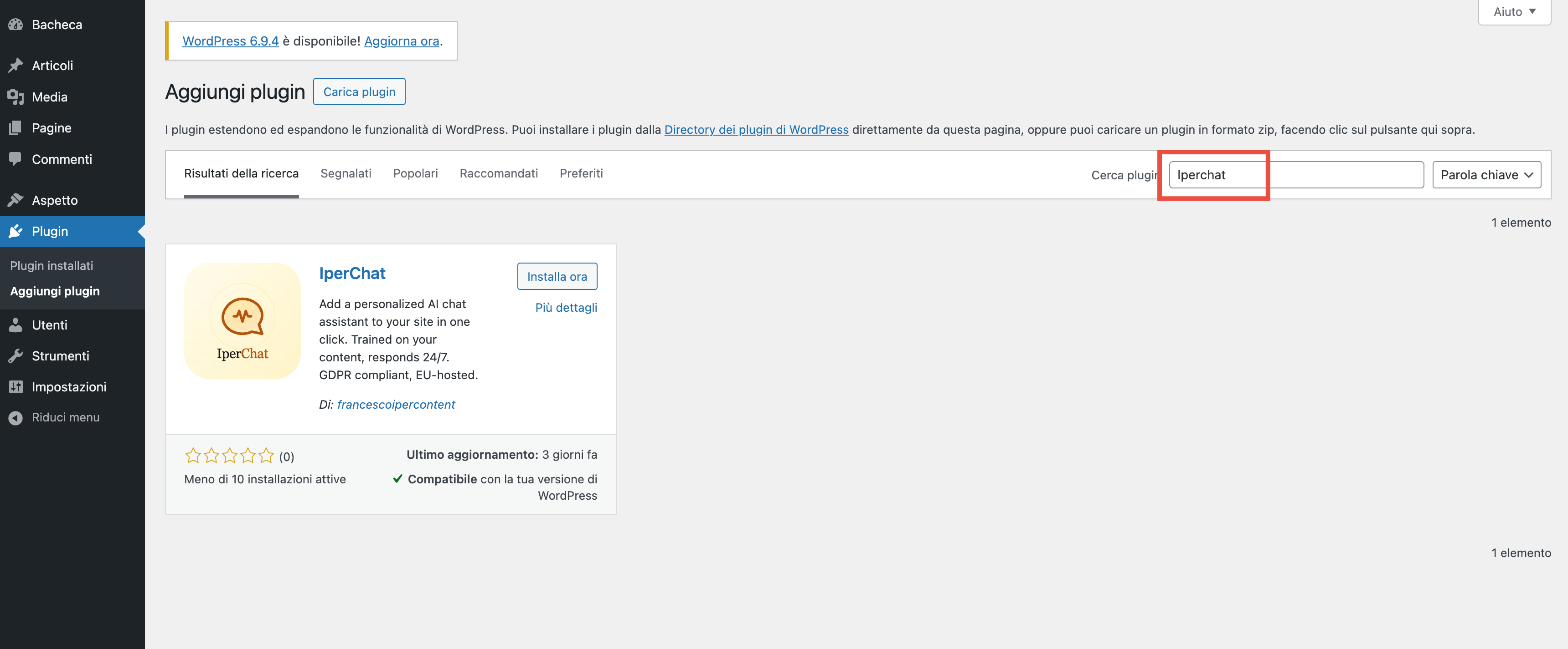 Ricerca del plugin IperChat nella pagina Plugin → Aggiungi nuovo
