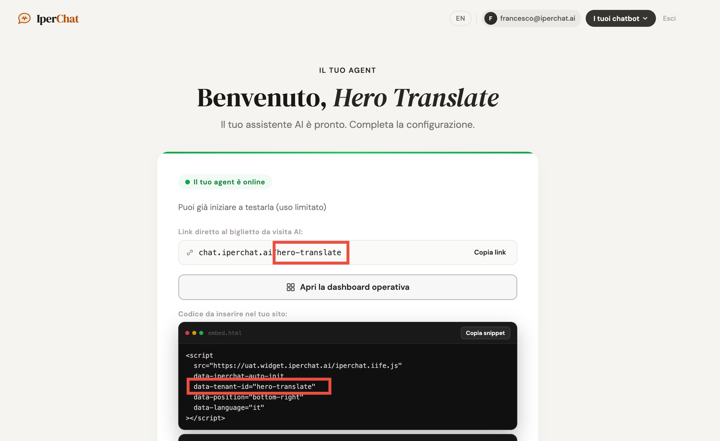 Schermata finale dell'onboarding con lo snippet del widget e il Tenant ID dentro data-tenant-id