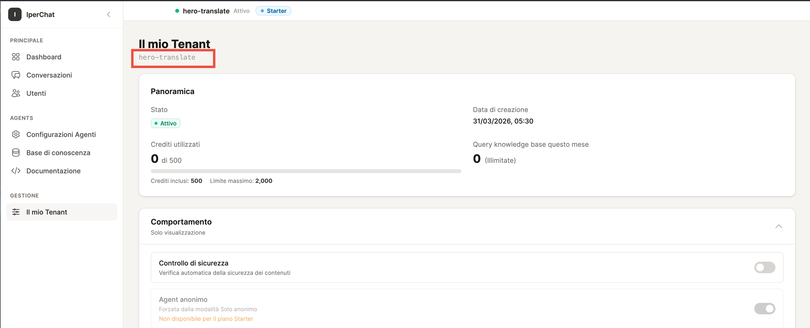 Pannello operativo → Il mio Tenant, con il Tenant ID in evidenza
