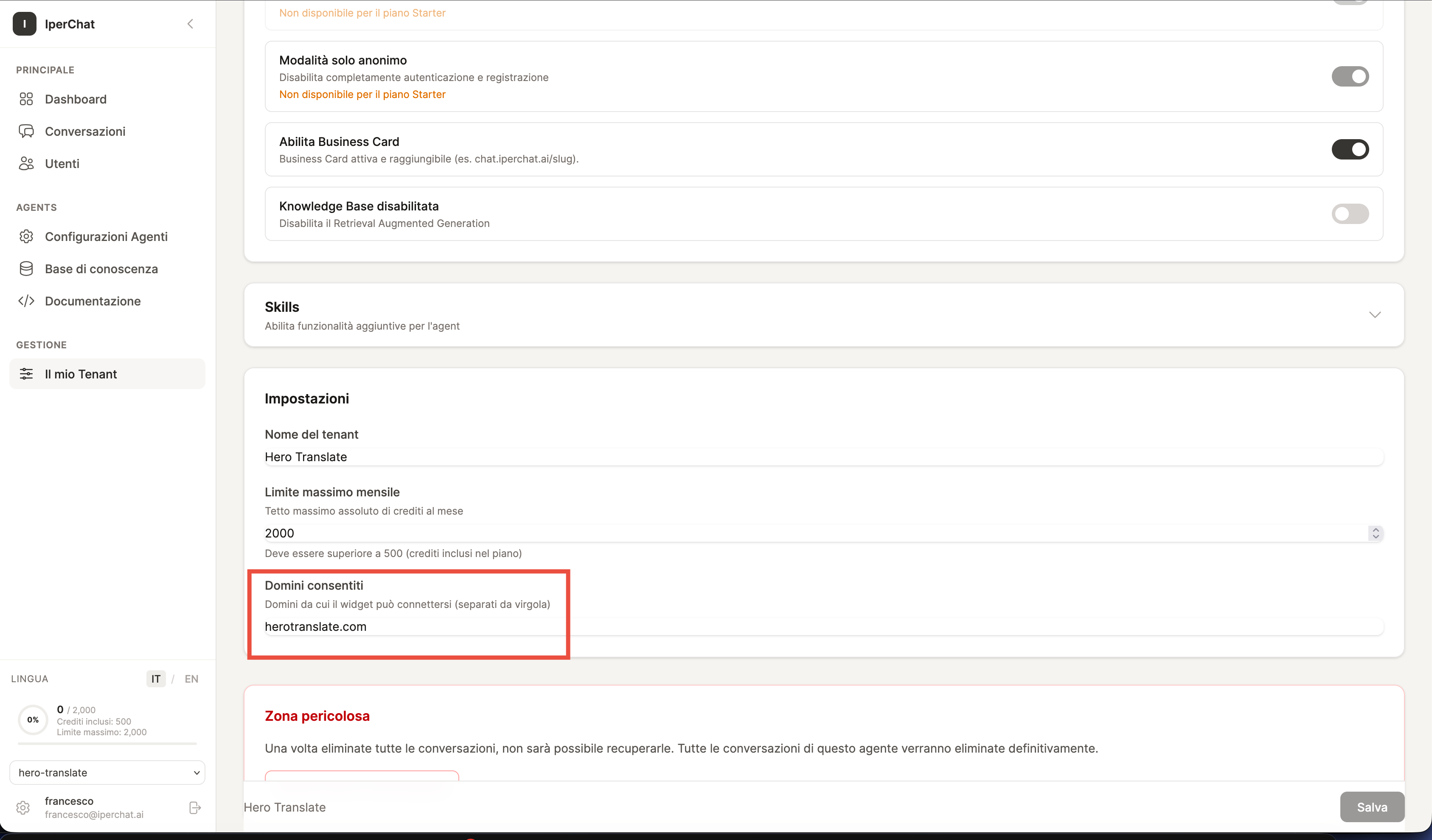 Pannello operativo IperChat: campo Domini consentiti con il dominio WordPress aggiunto